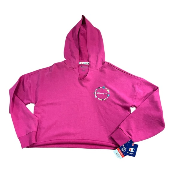 Champion Tops - Champion Campus Fuchsia Cropped Hoodie with Floral Embroidered Logo size S